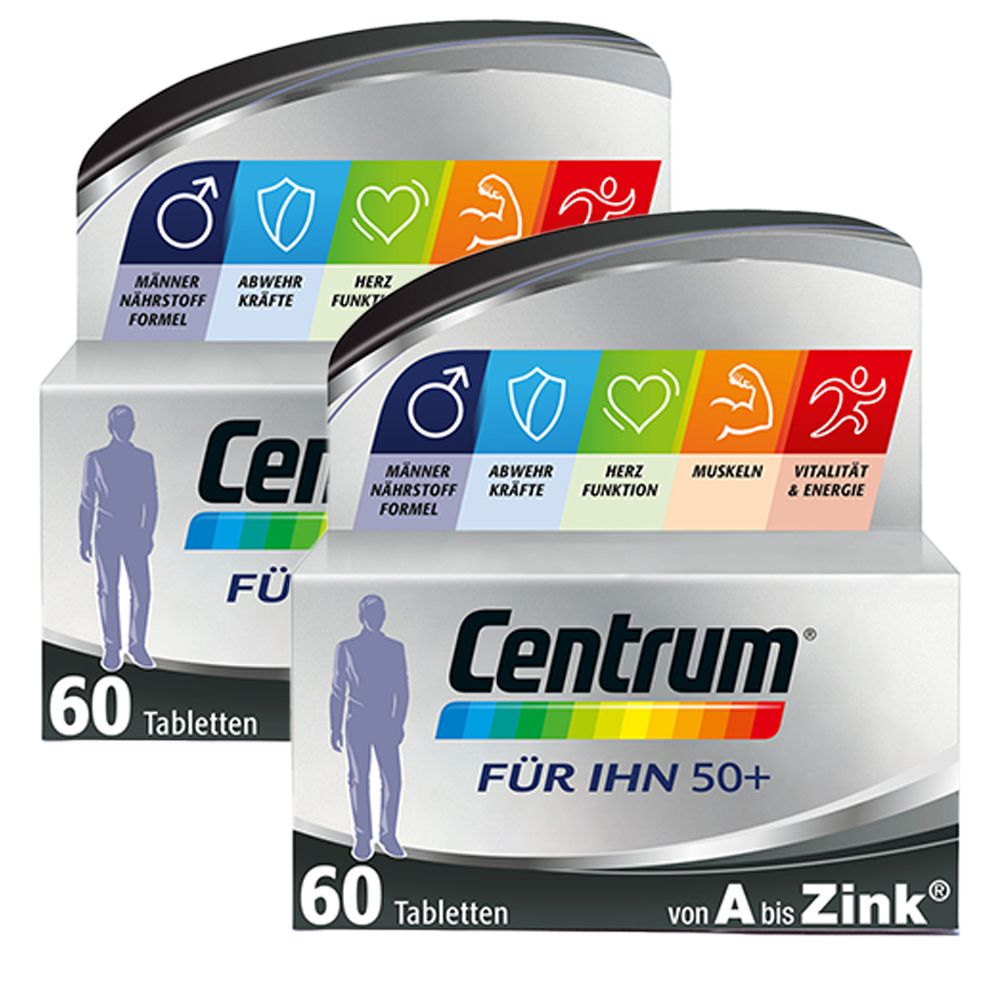 Zwei Packungen Centrum Für Ihn 50+ mit 60 Tabletten. Aufdruck: Centrum, Für Ihn 50+, von A bis Zink. Farbige Streifen mit Symbolen.