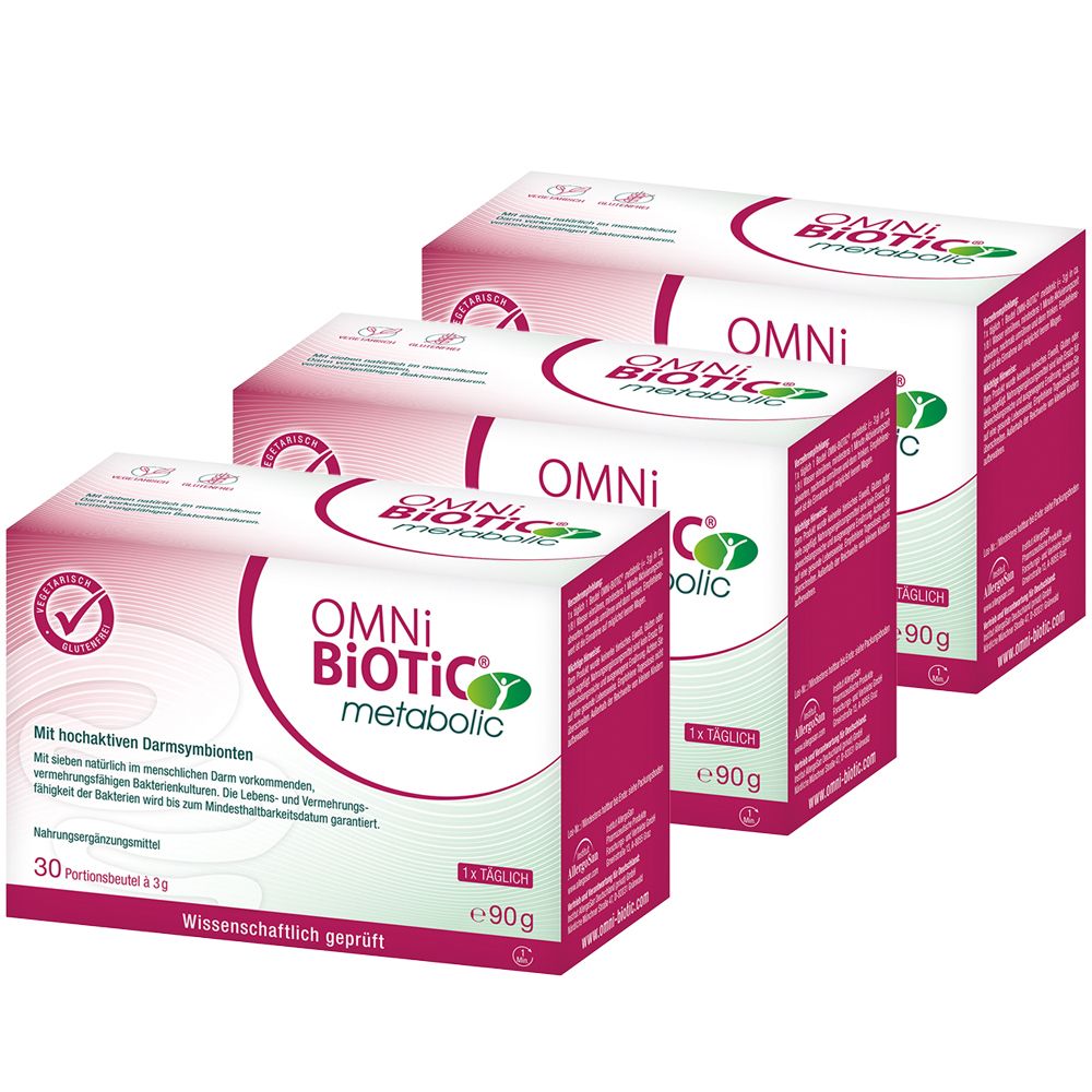 Mehrere Packungen OMNi-BiOTiC metabolic. Rosa-weiße Kartons mit Produktnamen und grünen Akzenten. Aufdrucke: 30 Portionsbeutel, 90g.