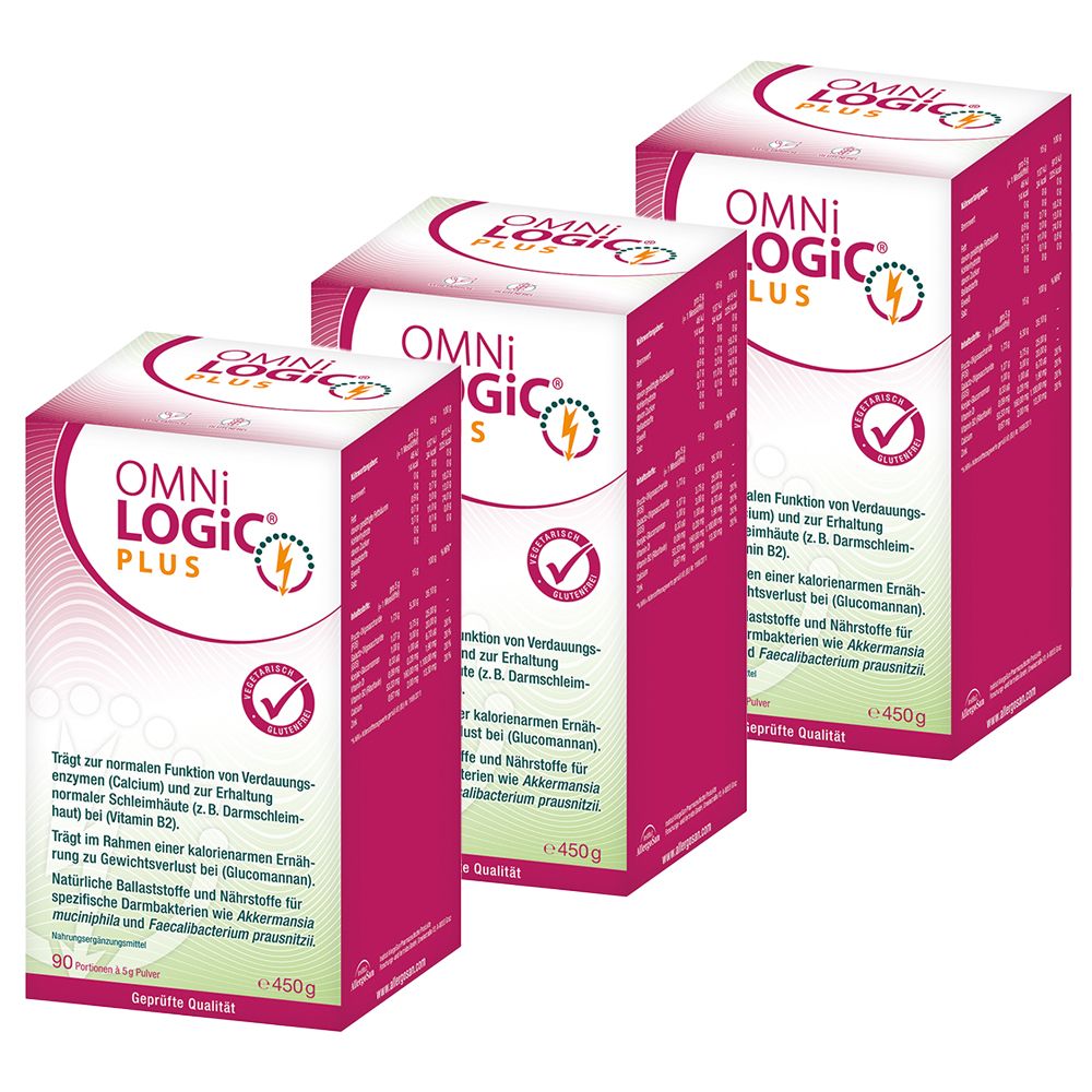 Drei Packungen OMNi-LOGiC PLUS. Weiße Kartons mit pinkfarbenen Akzenten und Produktlogo. Aufdrucke in Deutsch.
