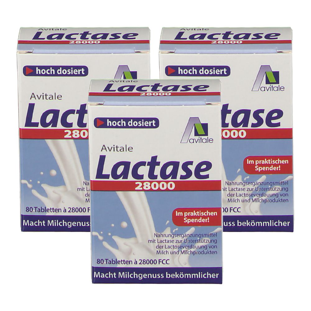 Drei Schachteln Avitale Lactase 28000. Aufschrift: hoch dosiert, 80 Tabletten, macht Milchgenuss bekömmlicher.