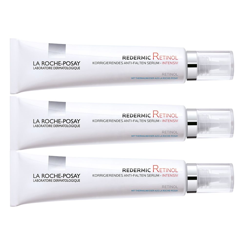 Drei Tuben La Roche-Posay Redermic Retinol Anti-Ageing Serum. Weiße Tuben mit silbernen Akzenten und Produktbezeichnung.