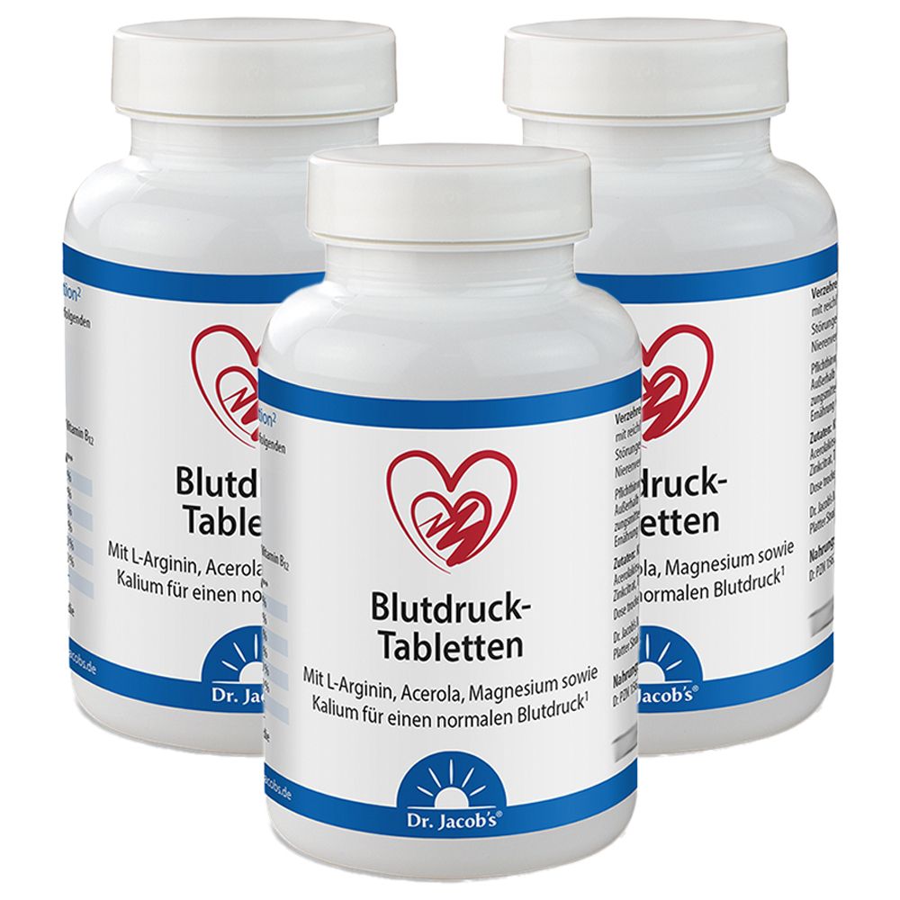 Drei weiße Flaschen mit blau-roter Beschriftung. Aufschrift: Blutdruck-Tabletten. Marke: Dr. Jacob's. Herzsymbol.