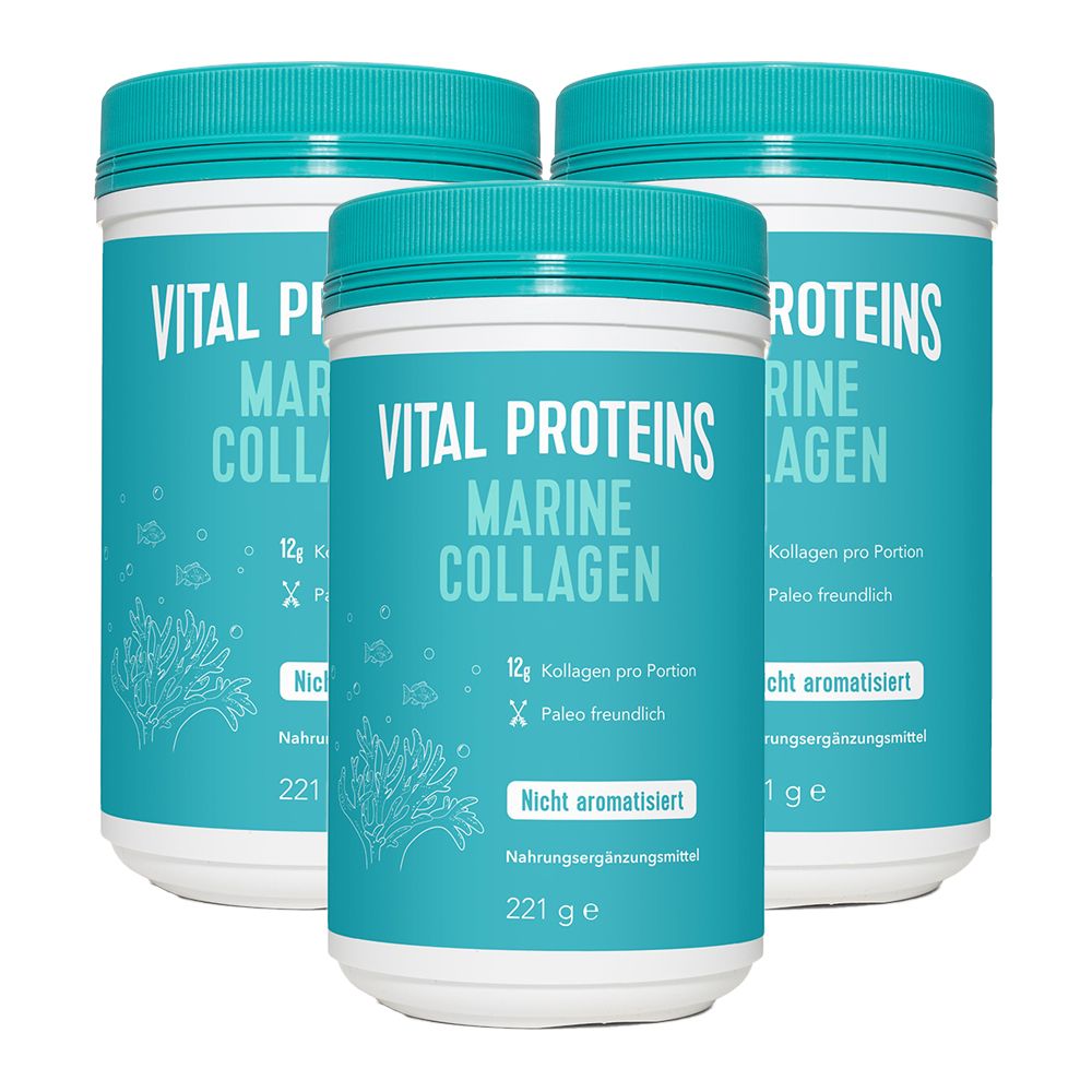 Trois boîtes de VITAL PROTEINS Marine Collagen. Emballage turquoise et blanc. Texte : Marine Collagen, 12g collagène par portion, non aromatisé.
