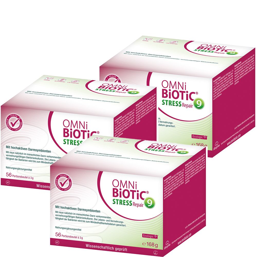 Plusieurs boîtes OMNi BiOTiC® Stress Repair. Boîtes blanches avec des accents roses et le nom du produit. Impression: 56 sachets.