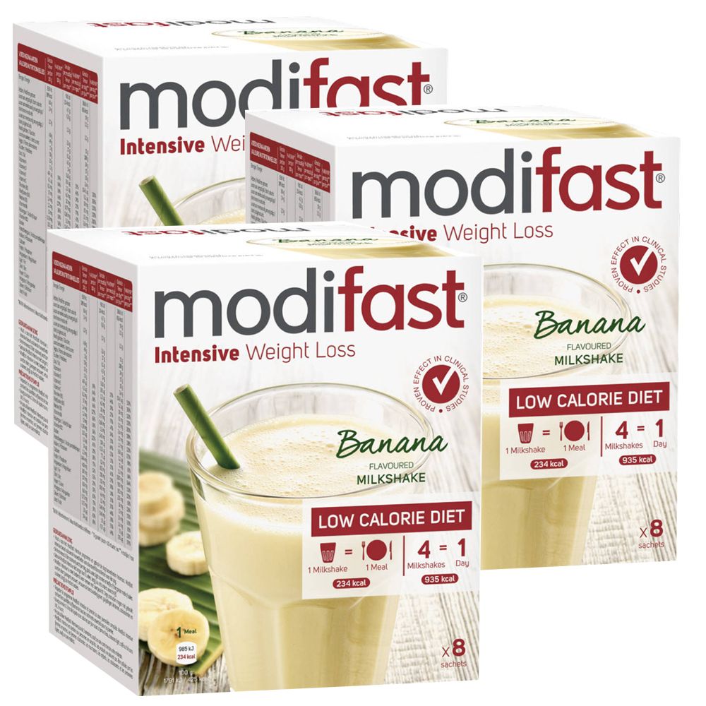 Drei Kartons modifast® Intensive Weight Loss. Aufschrift: Banana Flavoured Milkshake. Niedrige Kalorien Diät. 8 Portionen.