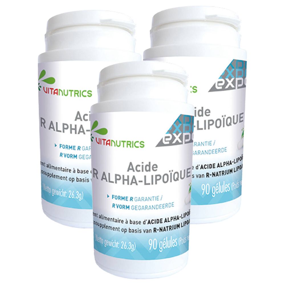 Drei weiße Flaschen mit Etiketten. Auf den Etiketten steht "VITANUTRICS R ALPHA-LIPONSÄURE" und "90 gélules".