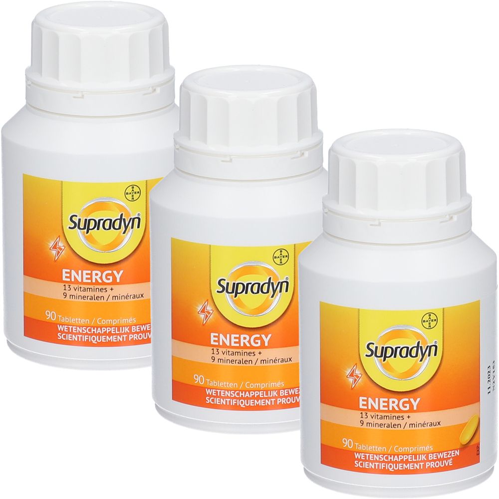 Drei weiße Flaschen mit gelb-orangenen Etiketten. Auf den Etiketten steht "Supradyn Energy" und die Anzahl der Tabletten.