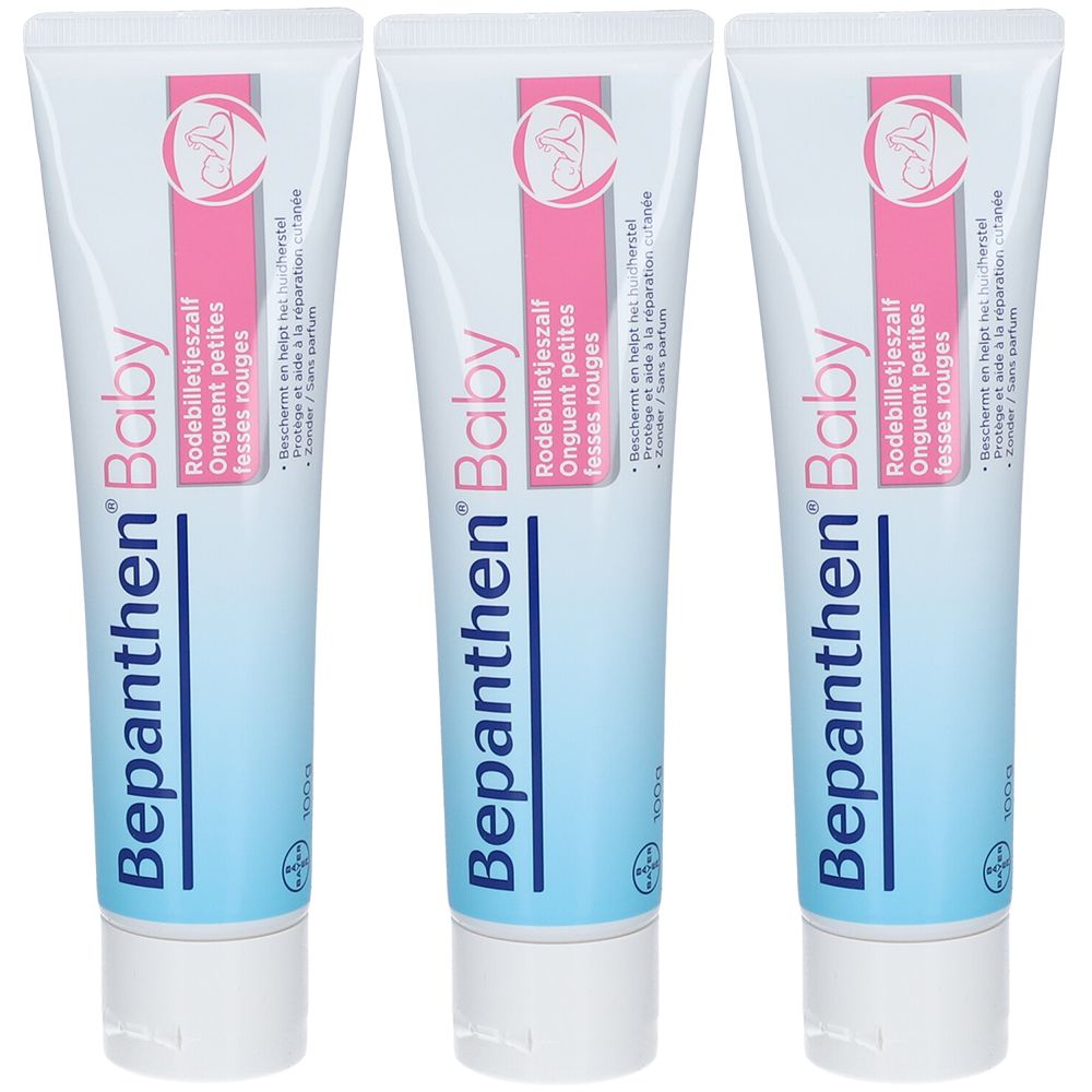Drei Tuben Bepanthen Baby Wundcreme. Weiße Tuben mit blauer und rosa Beschriftung. Produktname und Produktbezeichnung deutlich sichtbar.