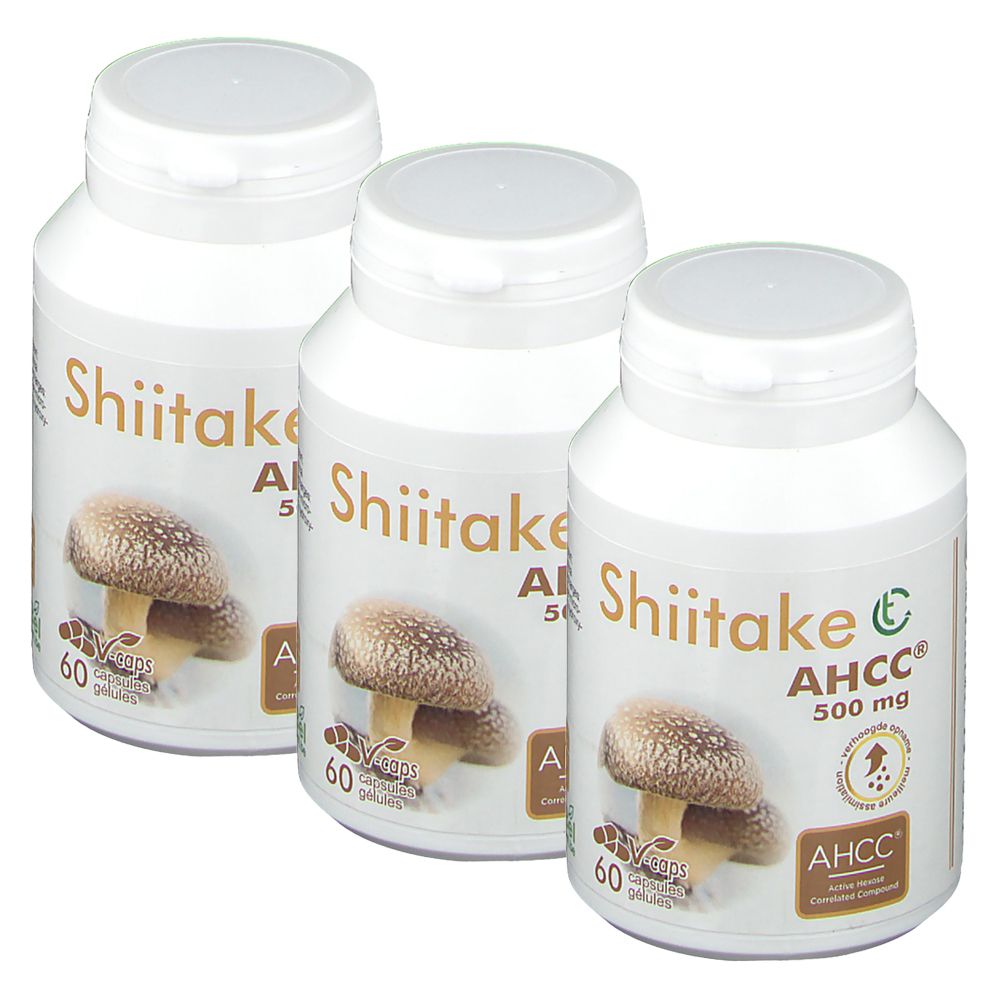 Trois flacons blancs avec étiquettes. Inscription : Shiitake AHCC 500 mg. Illustration d'un champignon. 60 gélules. Certification AHCC.