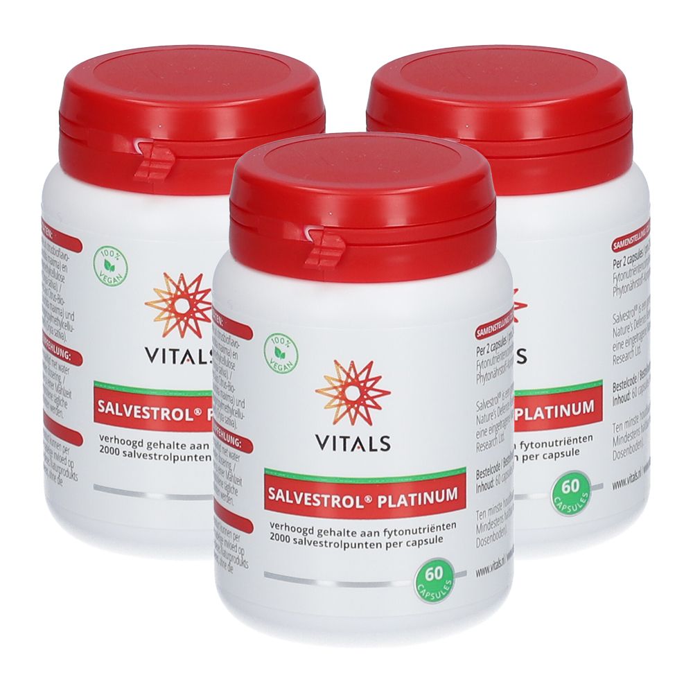 Drei weiße Flaschen mit roten Deckeln. Aufschrift: Vitals Salvestrol Platinum, 60 Kapseln. Vegan-Siegel.