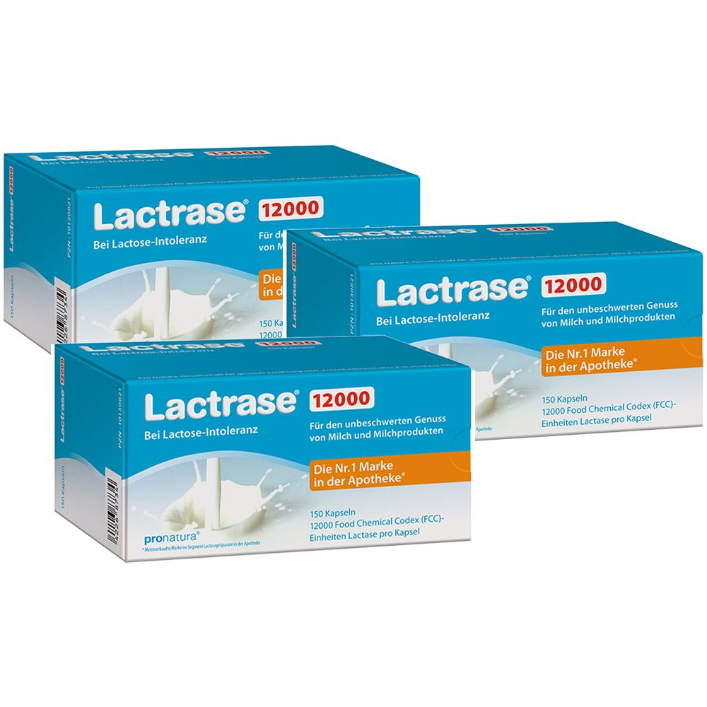 Trois boîtes bleues avec l'inscription Lactrase 12000. Inscription : Bei Lactose-Intoleranz. Contient 150 capsules. La marque n°1 en pharmacie.