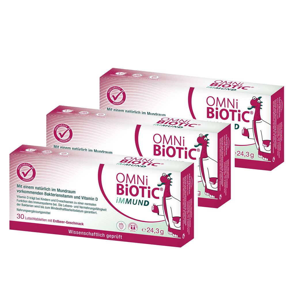 Drei Packungen OMNi-BiOTiC iMMUND. Rote und weiße Verpackung mit Logo und Produktinformationen. Aufschrift: "Wissenschaftlich geprüft".