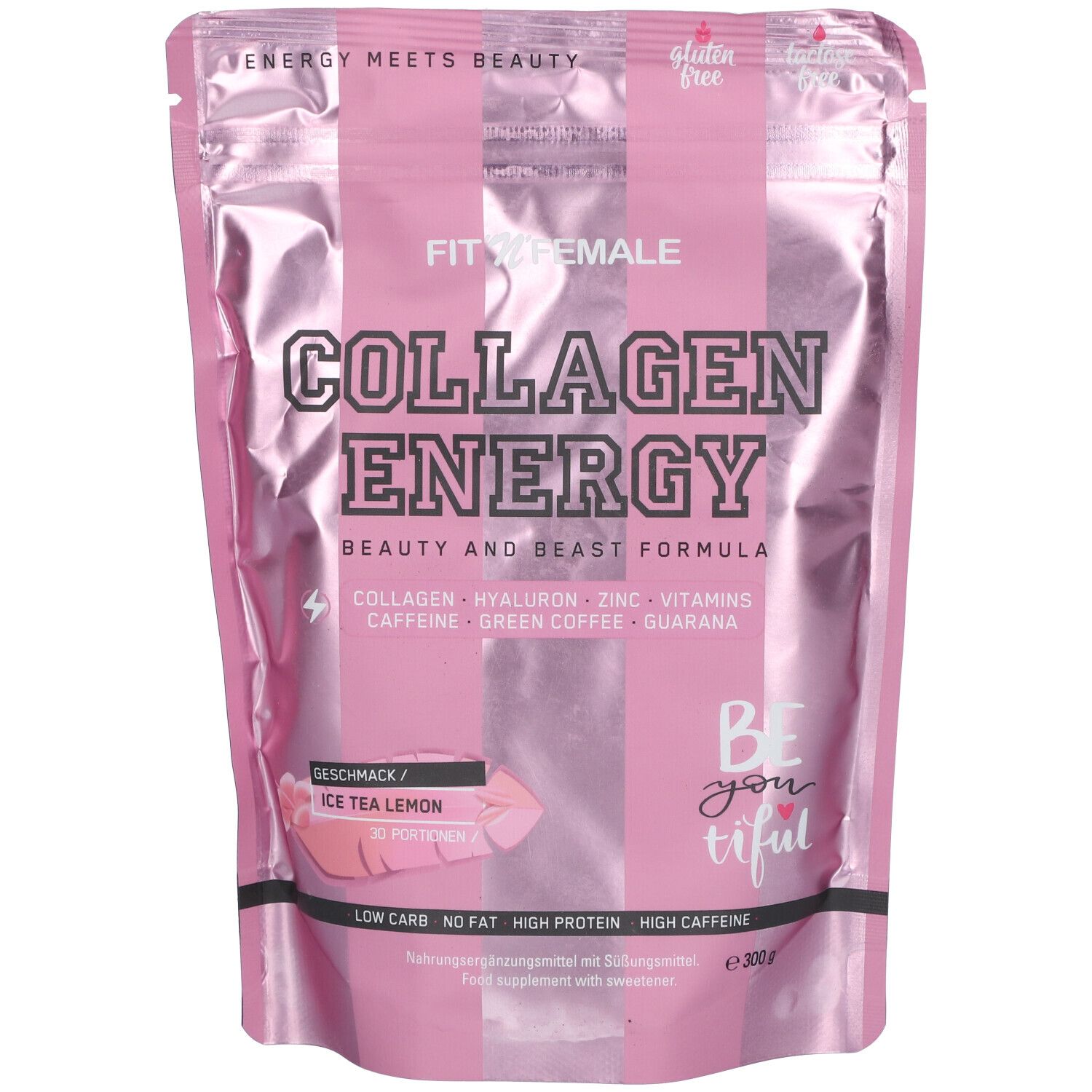 Rosa Beutel mit "FIT'N'FEMALE Collagen Energy"-Aufdruck. Enthält Collagen, Hyaluron, Zink, Vitamine, Koffein, grünen Kaffee, Guarana.