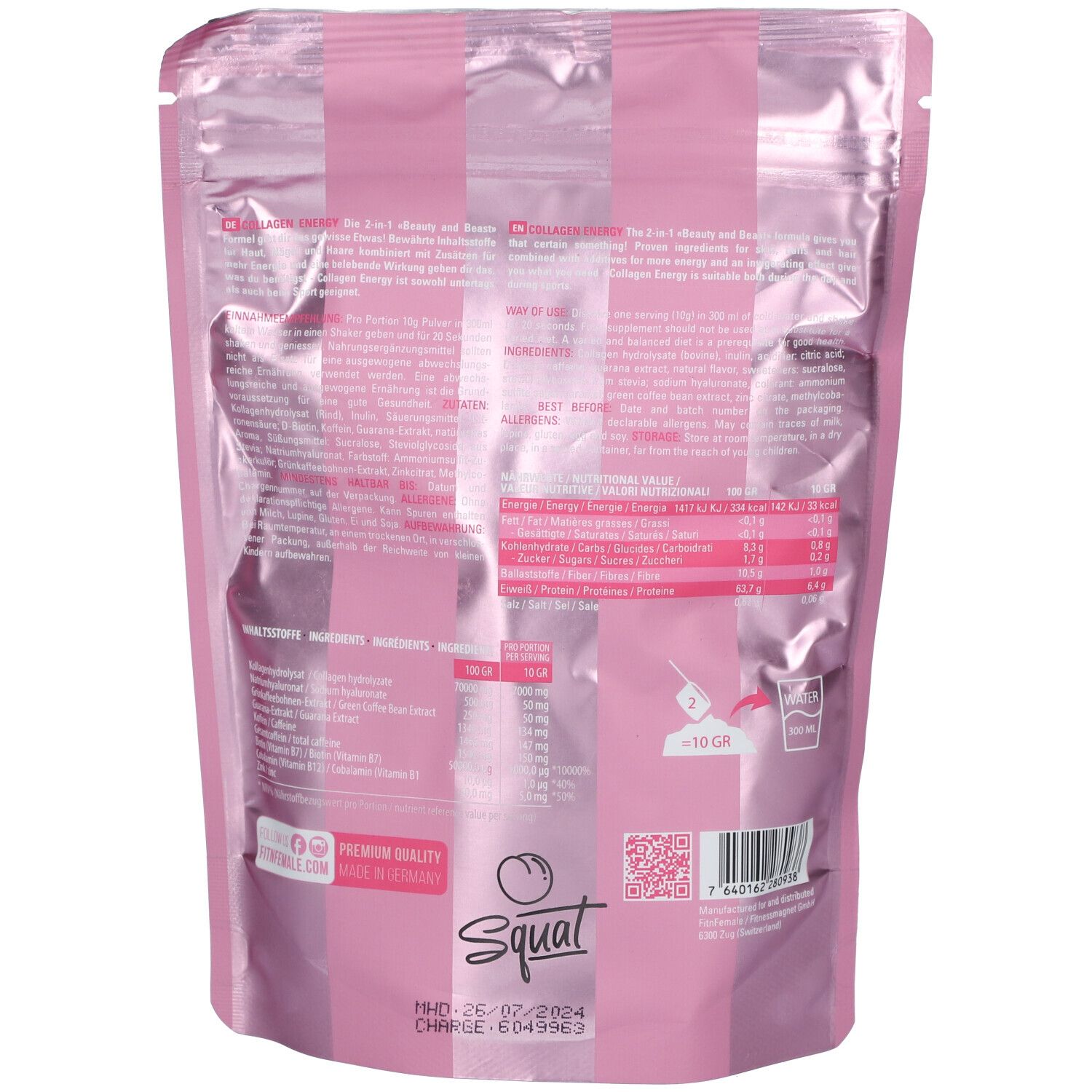 Rückseite des rosa Beutels. Enthält Informationen zu Inhaltsstoffen, Nährwerten und Zubereitung. Mit QR-Code und Herstellerlogo.