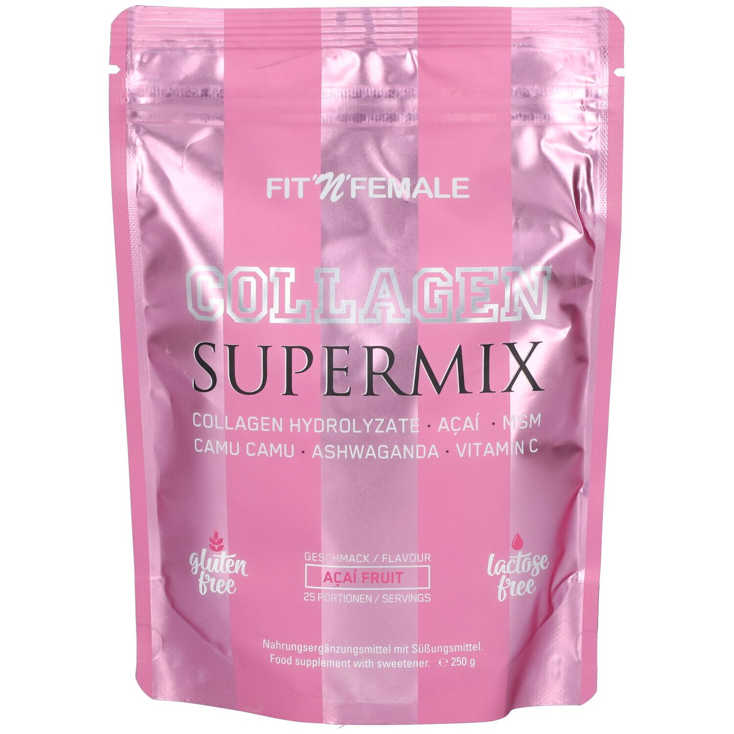 Rosa Beutel mit "FIT'N'FEMALE Collagen Supermix Acai". Enthält Collagen, Camu Camu, Ashwaganda, Vitamin C. Gluten- und laktosefrei.