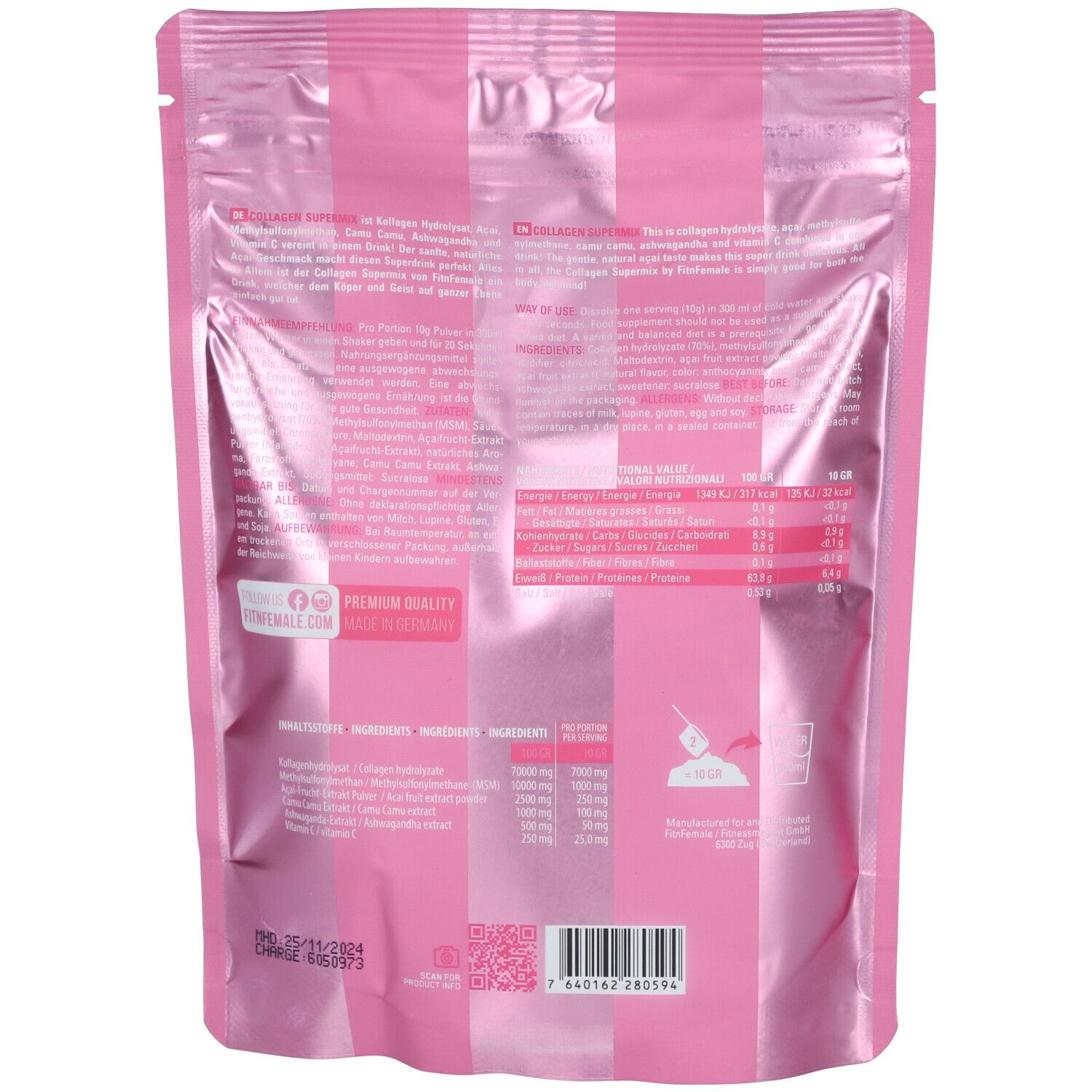 Rückseite des rosa Beutels "FIT'N'FEMALE Collagen Supermix Acai". Enthält Informationen zu Inhaltsstoffen und Nährwerten. Mit QR-Code.