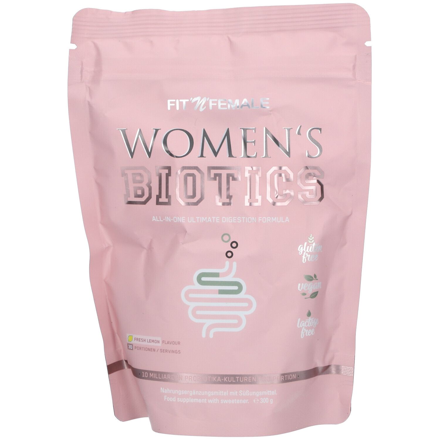 Sachet rose "FIT'N'FEMALE WOMEN'S BIOTICS". Formule digestive complète. Sans gluten, végétalien, sans lactose.