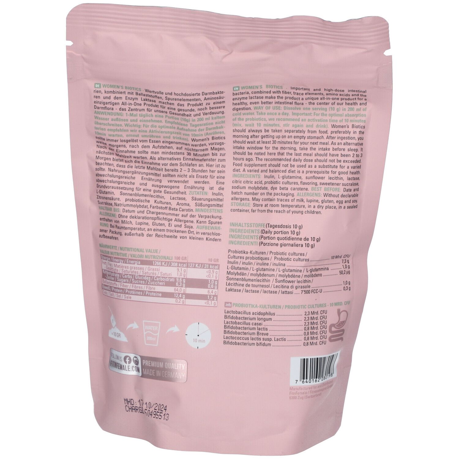 Dos du sachet rose. Informations textuelles sur les ingrédients, la valeur nutritionnelle et l'utilisation. Code-barres et date limite.