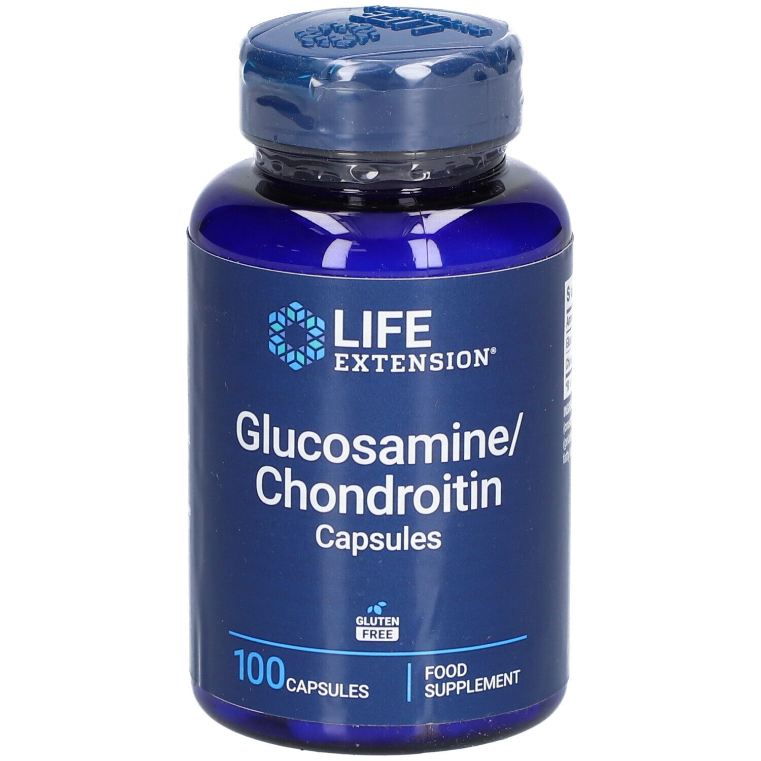 Blaue Flasche mit Kapseln. Aufschrift: LIFE EXTENSION Glucosamin/Chondroitin, 100 Kapseln. Glutenfrei. Nahrungsergänzungsmittel.
