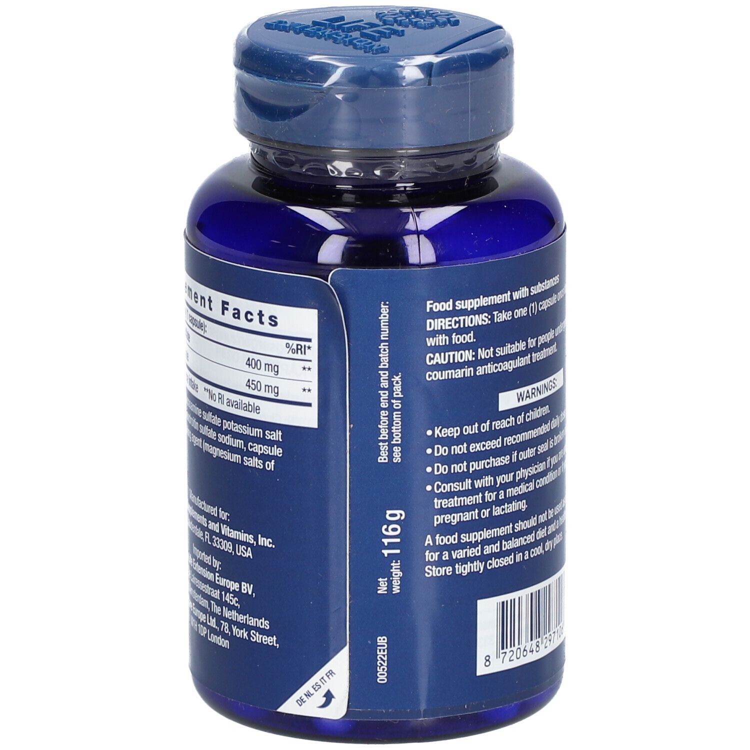Blaue Flasche mit Kapseln. Rückseite mit Nährwertangaben und Inhaltsstoffen. Nettogewicht: 116g. Nahrungsergänzungsmittel.
