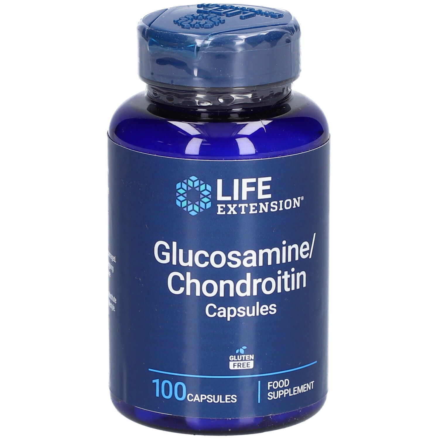 Blaue Flasche mit Kapseln. Aufschrift: LIFE EXTENSION Glucosamin/Chondroitin, 100 Kapseln. Glutenfrei. Nahrungsergänzungsmittel.