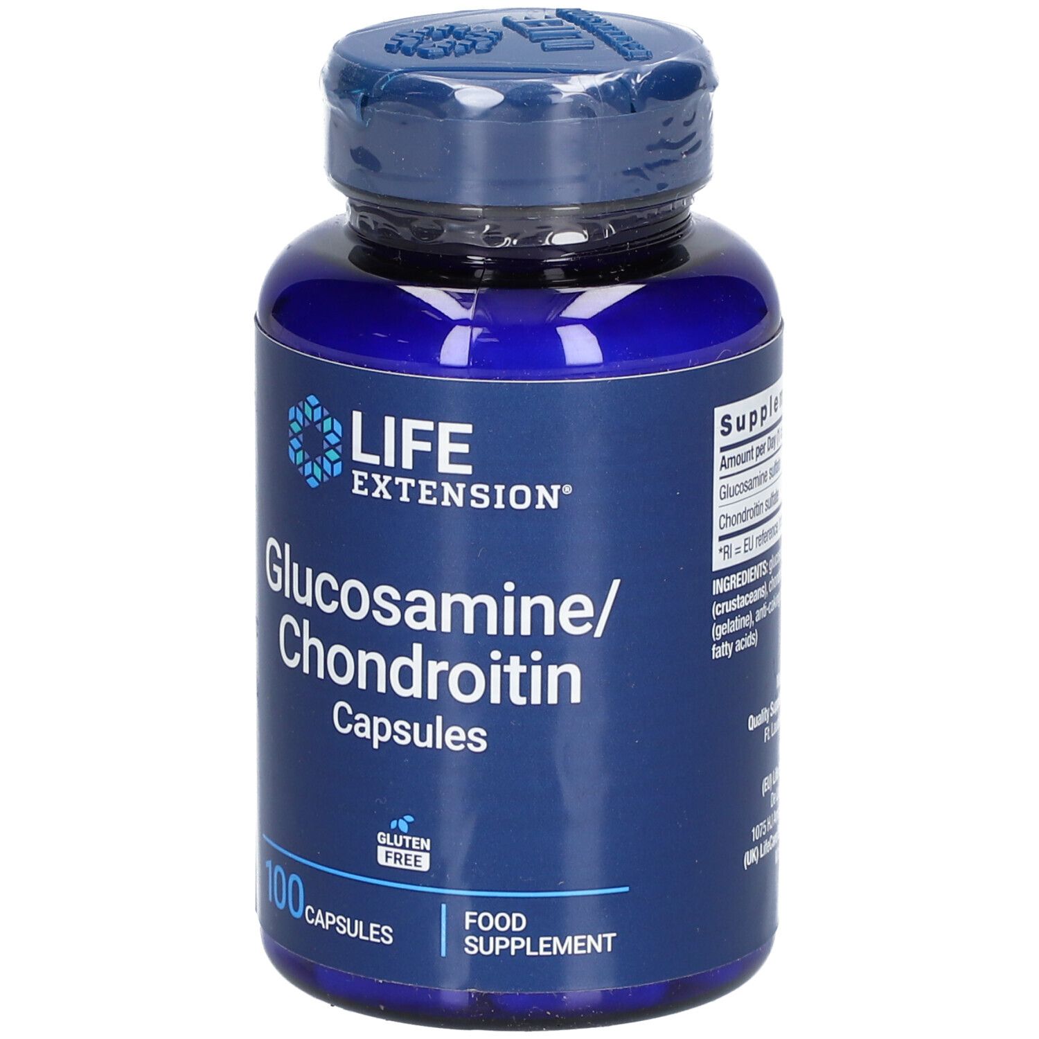Blaue Flasche mit Kapseln. Aufschrift: LIFE EXTENSION Glucosamin/Chondroitin, 100 Kapseln. Glutenfrei. Nahrungsergänzungsmittel.