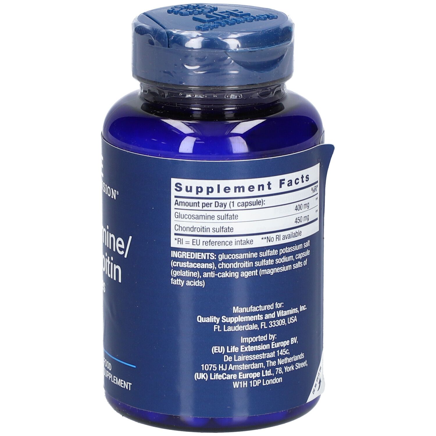 Blaue Flasche mit Kapseln. Rückseite mit Nährwertangaben und Inhaltsstoffen. Nahrungsergänzungsmittel.