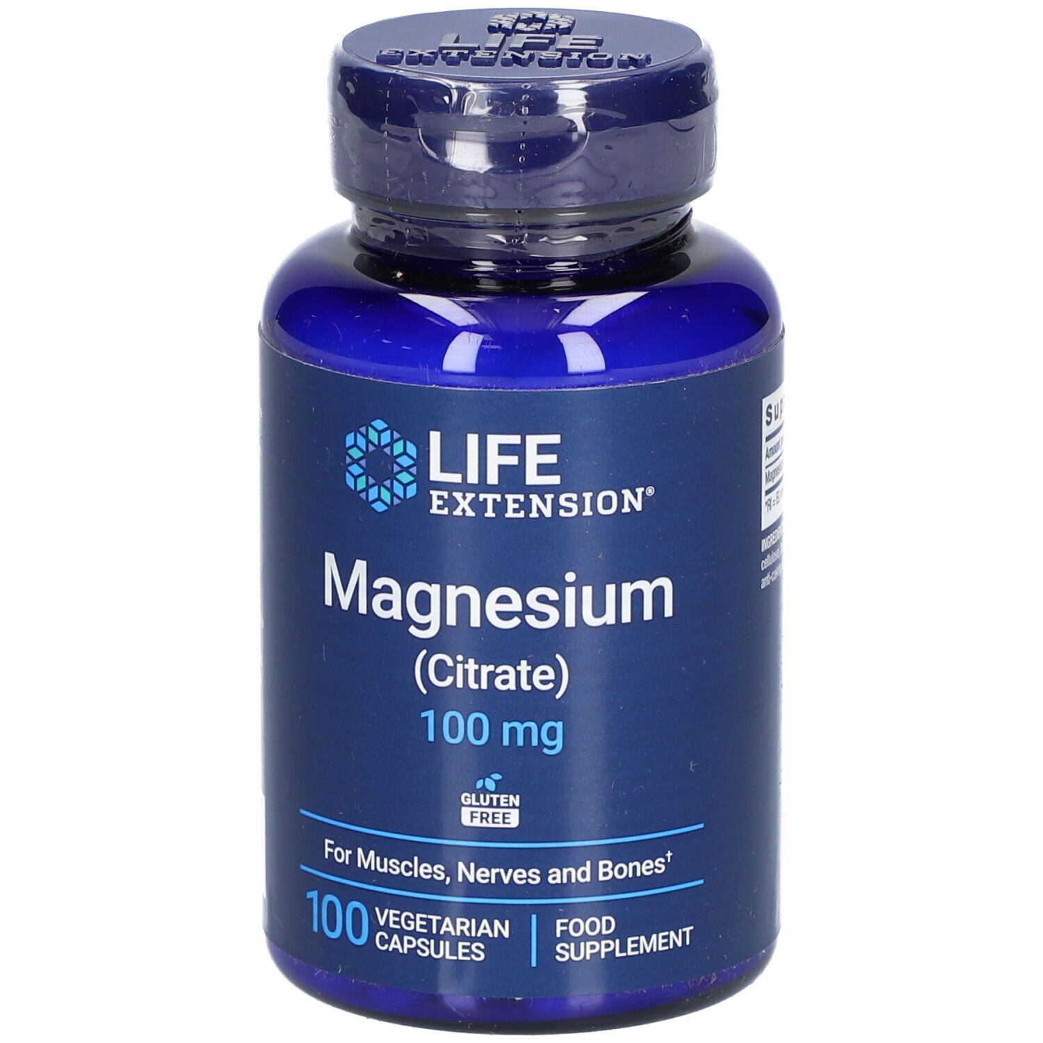 Blaue Flasche mit "LIFE EXTENSION" und "Magnesium (Citrat) 100 mg". 100 Kapseln. Glutenfrei. Nahrungsergänzungsmittel.