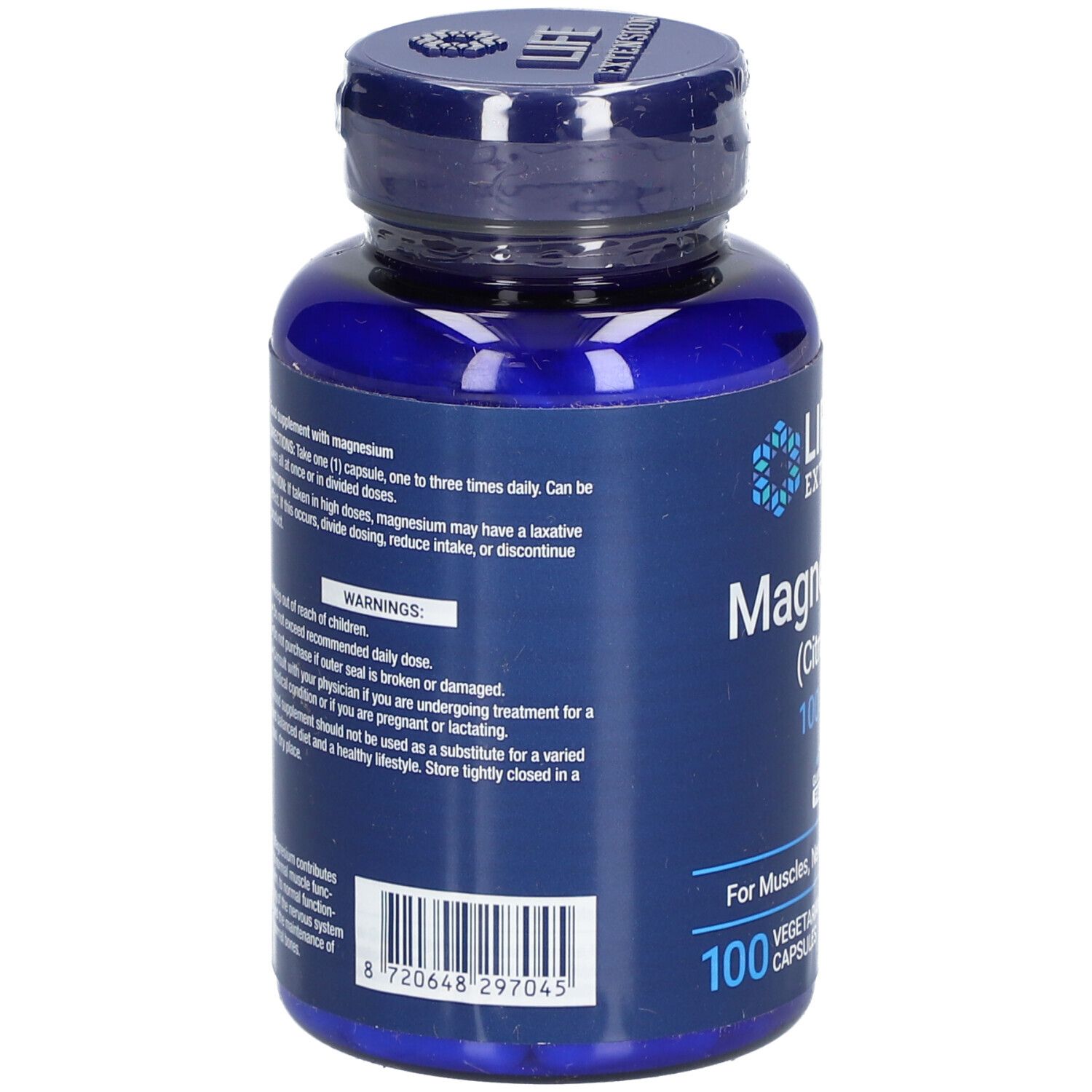 Rückseite der blauen Flasche. Text: "LIFE EXTENSION". Enthält Informationen zur Anwendung und Warnhinweise. Barcode.