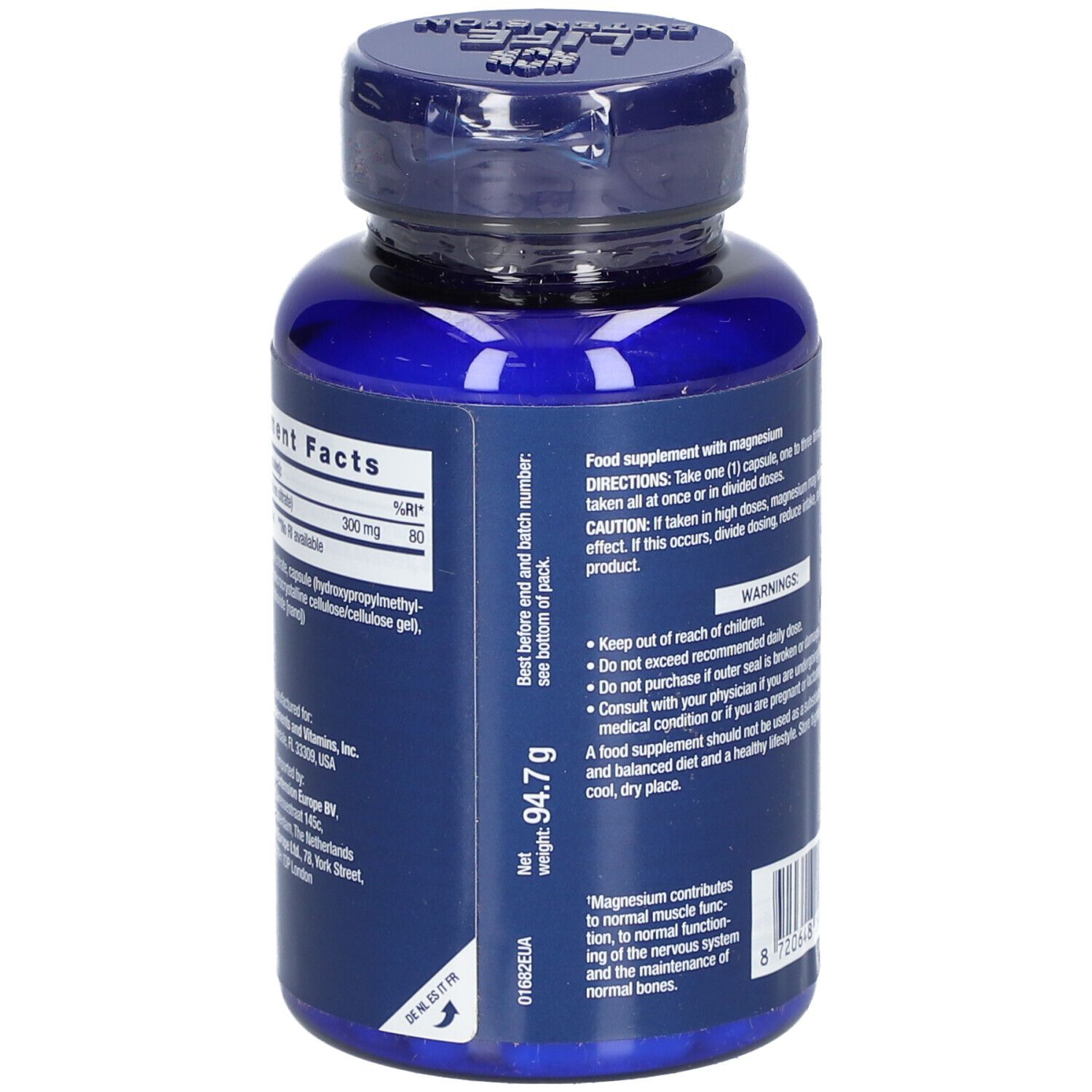 Rückseite der blauen Flasche. Text: "LIFE EXTENSION". Enthält Nährwertangaben und Warnhinweise. Nettogewicht 94,7 g.