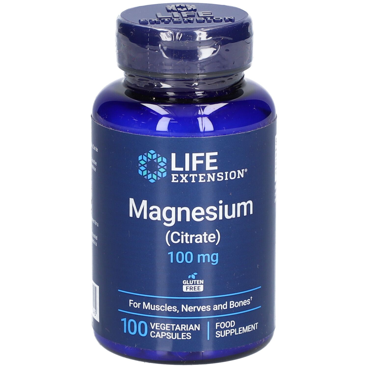 Blaue Flasche mit "LIFE EXTENSION" und "Magnesium (Citrat) 100 mg". 100 Kapseln. Glutenfrei. Nahrungsergänzungsmittel.