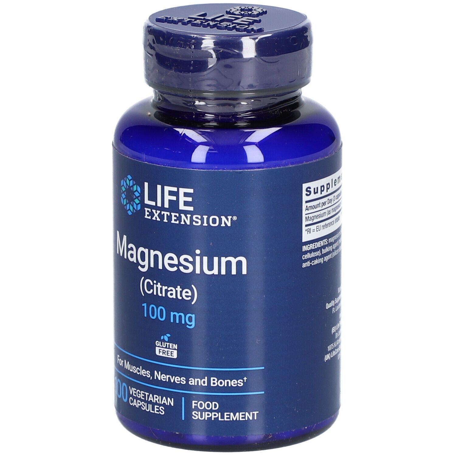 Blaue Flasche mit "LIFE EXTENSION" und "Magnesium (Citrat) 100 mg". 100 Kapseln. Glutenfrei. Nahrungsergänzungsmittel.