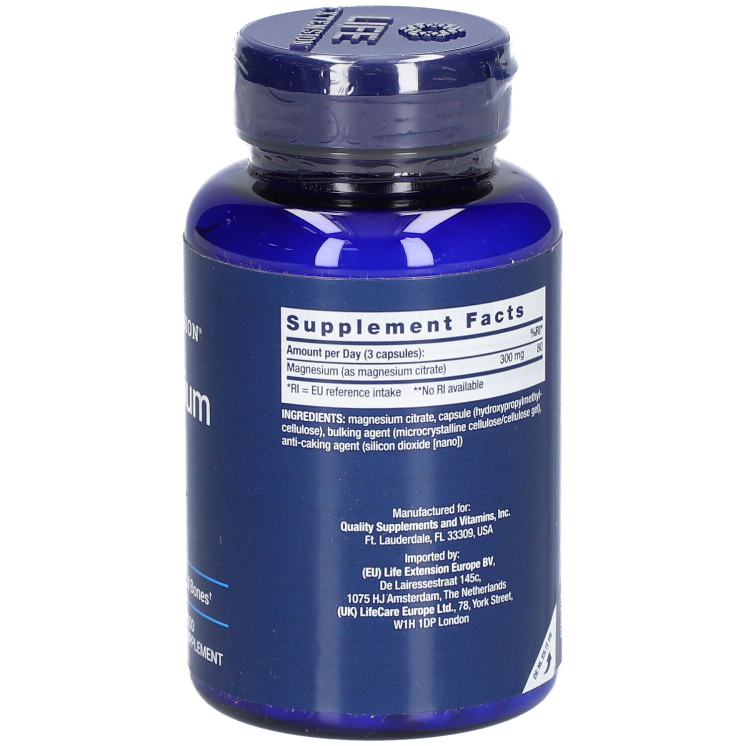 Rückseite der blauen Flasche. Text: "LIFE EXTENSION". Enthält Nährwertangaben und Inhaltsstoffe. Herstellerinformationen.