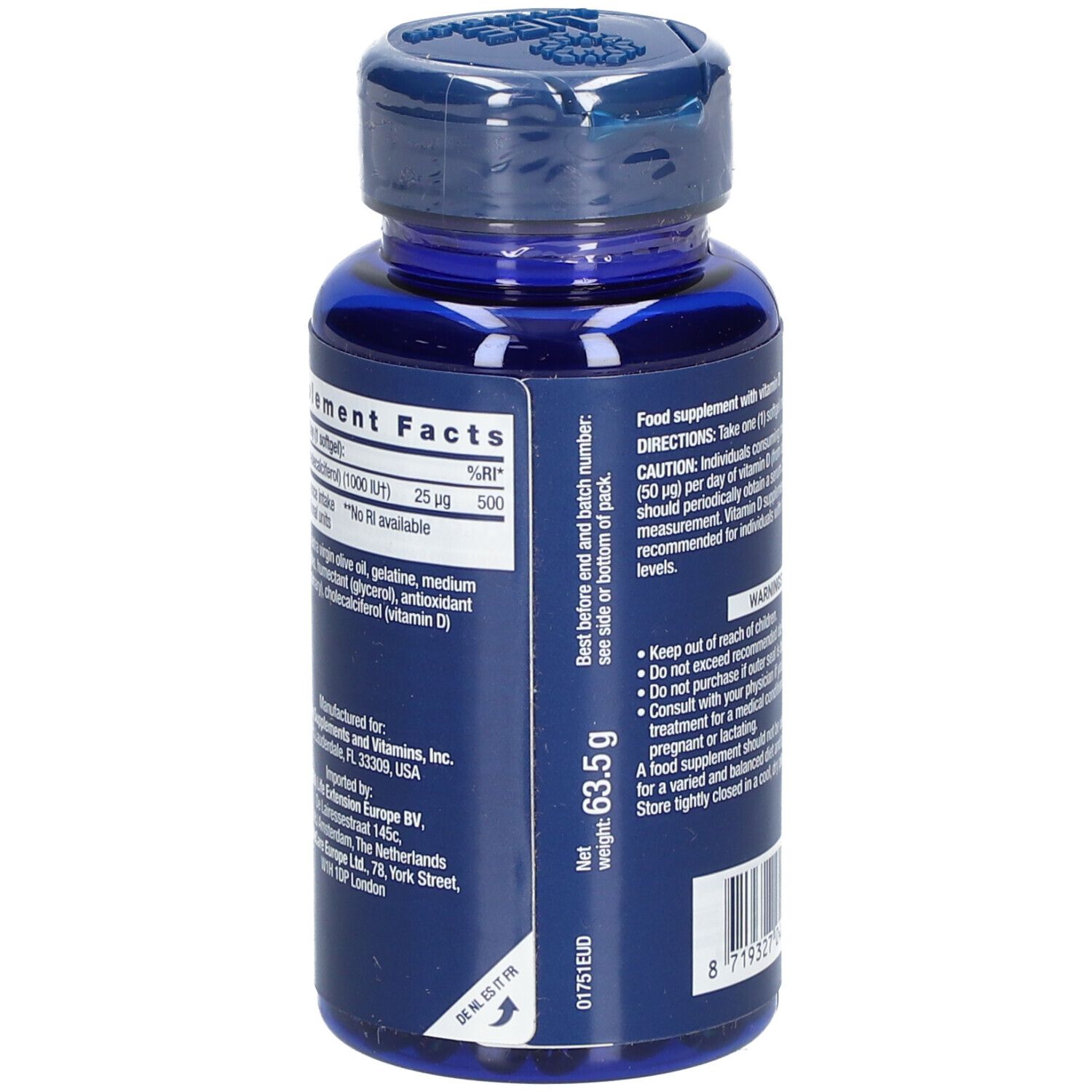 Vue latérale d'un flacon bleu de vitamine D3. Texte: Informations nutritionnelles, poids 63,5 g, date de péremption.