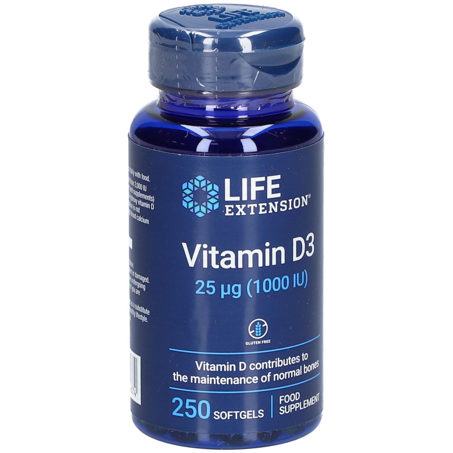 Flacon bleu de vitamine D3. Inscription: Life Extension, Vitamine D3 25 µg (1000 UI), 250 gélules.