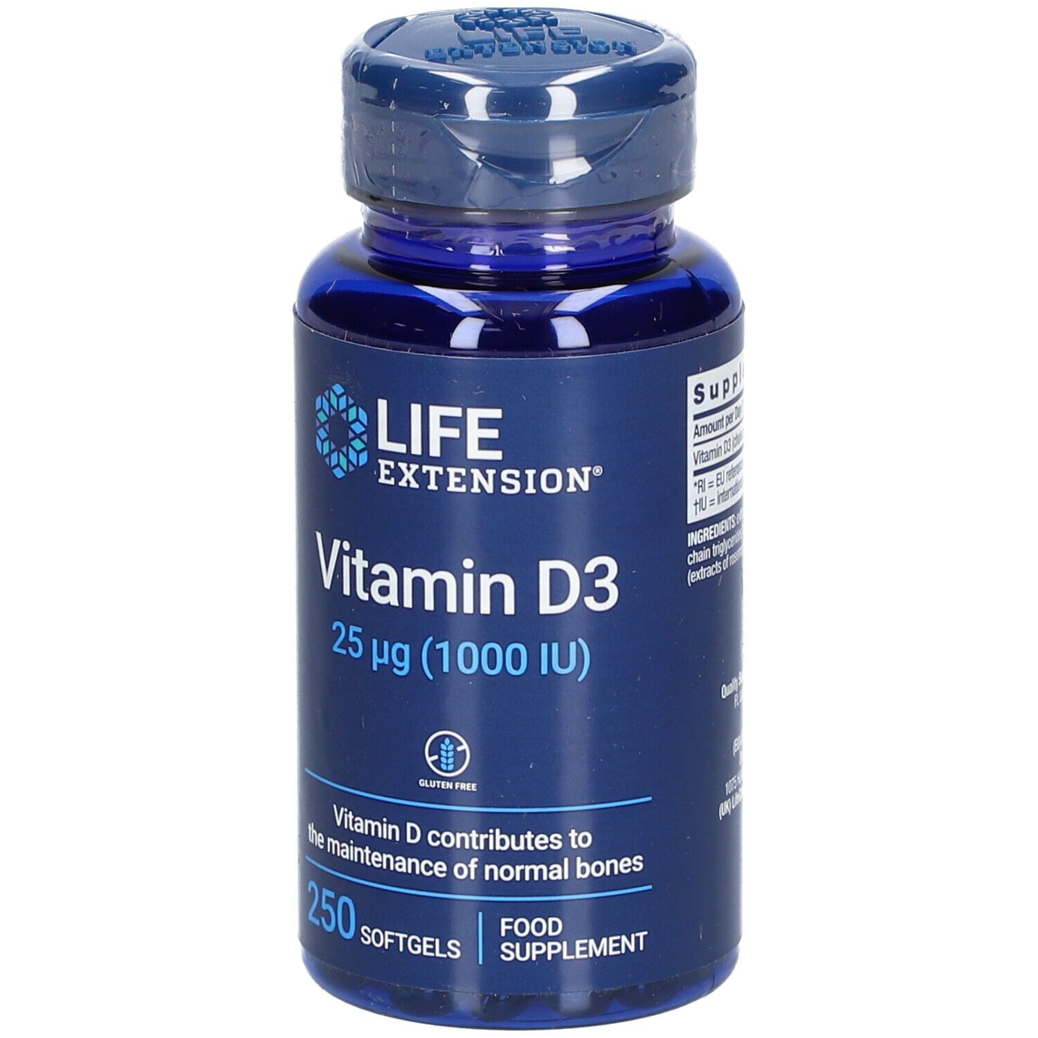 Flacon bleu de vitamine D3. Inscription: Life Extension, Vitamine D3 25 µg (1000 UI), 250 gélules.