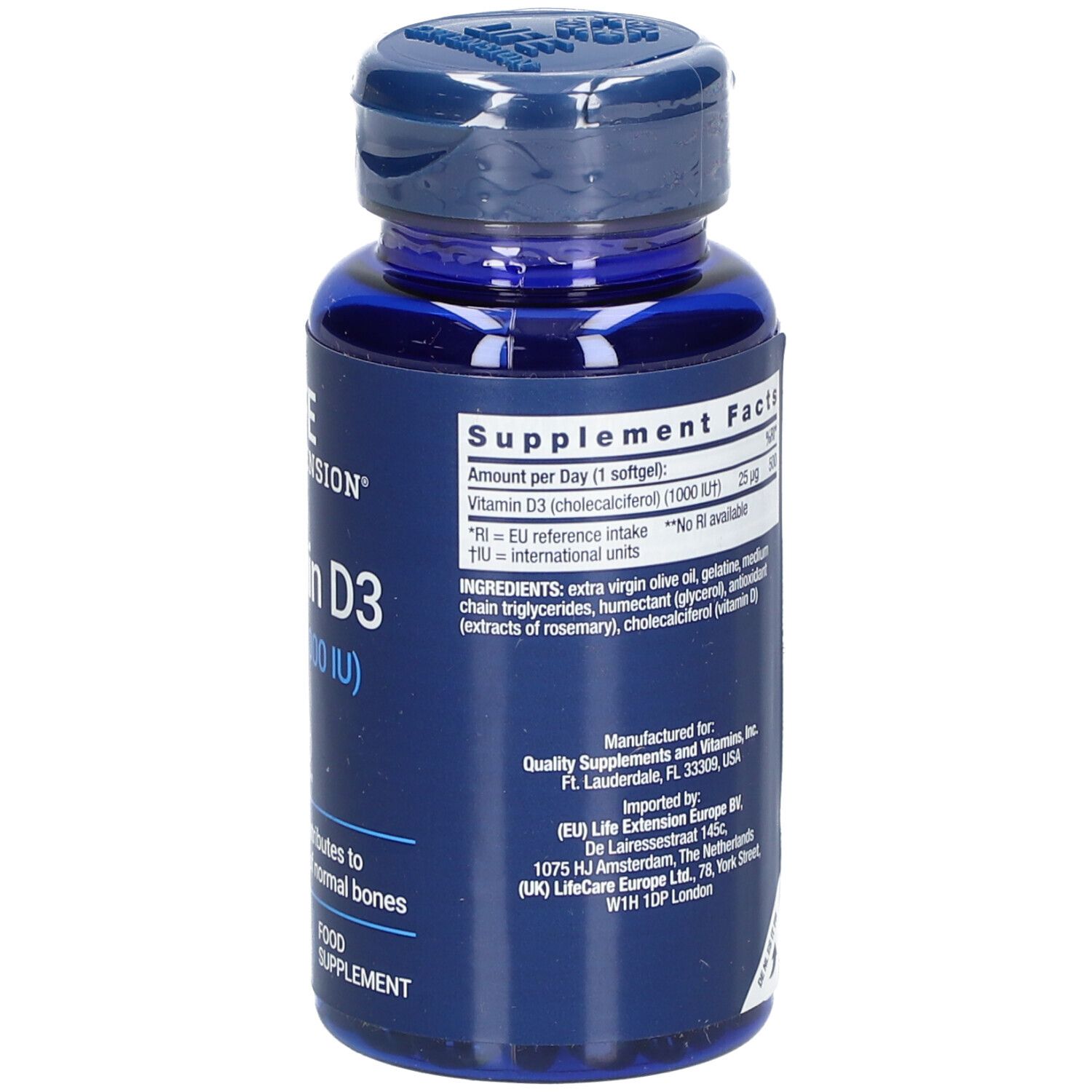 Vue latérale d'un flacon bleu de vitamine D3. Texte: Ingrédients, informations fabricant, informations nutritionnelles.