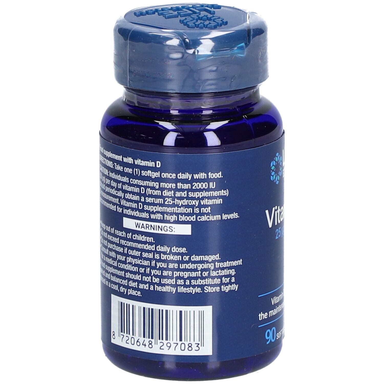 Dos du flacon bleu de LIFE EXTENSION Vitamine D3. Contient des informations et un code-barres. 90 gélules.