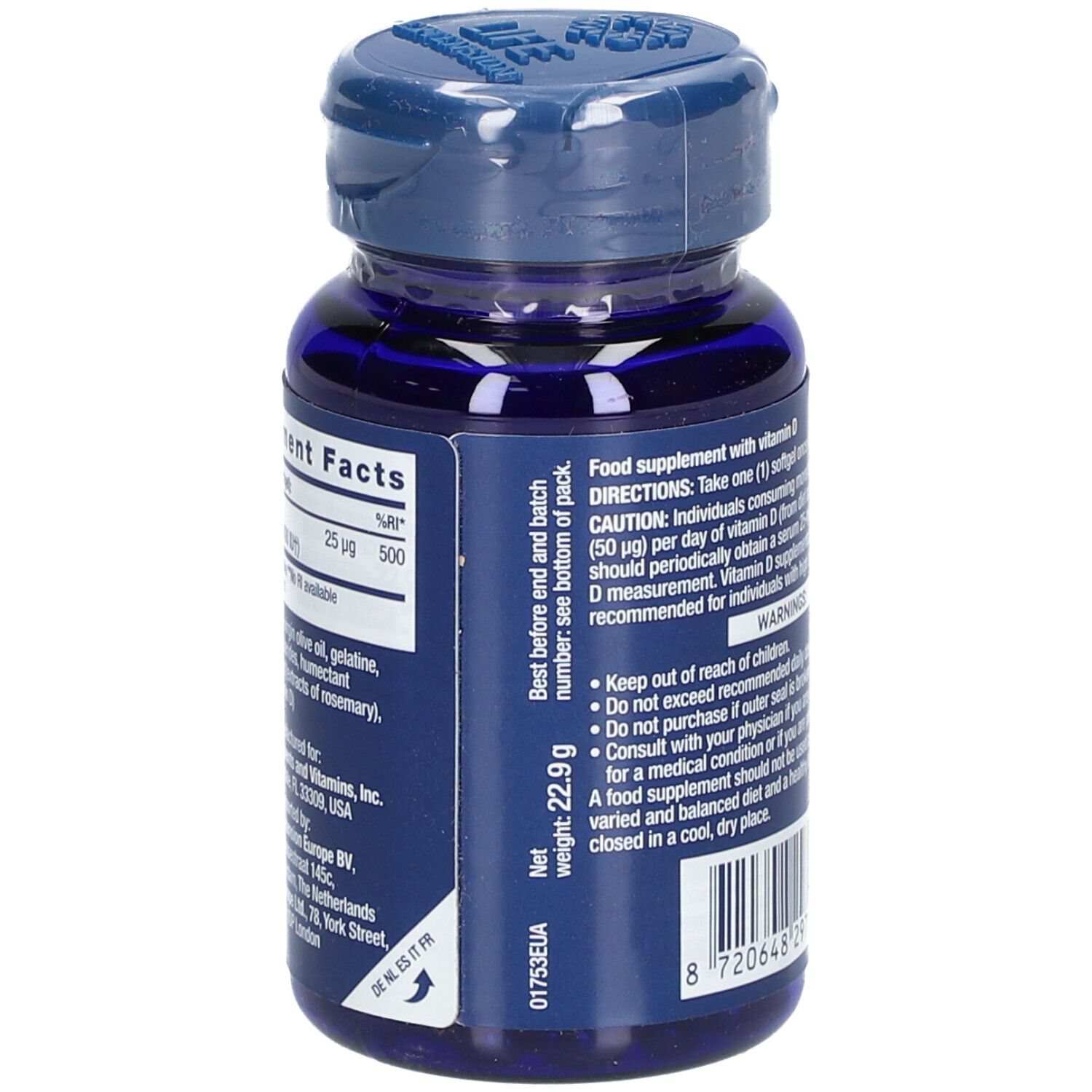 Flacon bleu de LIFE EXTENSION Vitamine D3. Contient des informations sur les ingrédients et la valeur nutritionnelle. Poids net : 22,9 g.