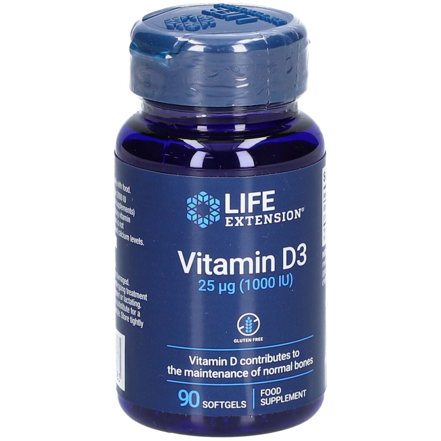Flacon bleu de LIFE EXTENSION Vitamine D3. Contient 90 gélules. Inscription : 25 µg (1000 UI). Sans gluten.