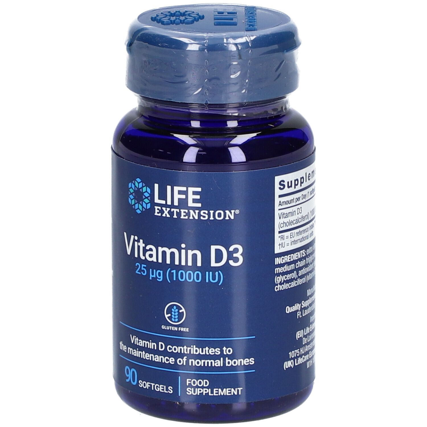 Flacon bleu de LIFE EXTENSION Vitamine D3. Contient 90 gélules. Inscription : 25 µg (1000 UI). Sans gluten.