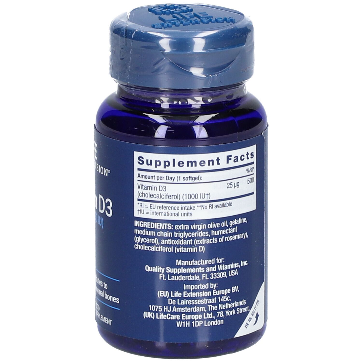 Dos du flacon bleu de LIFE EXTENSION Vitamine D3. Contient des informations sur les ingrédients et la valeur nutritionnelle.