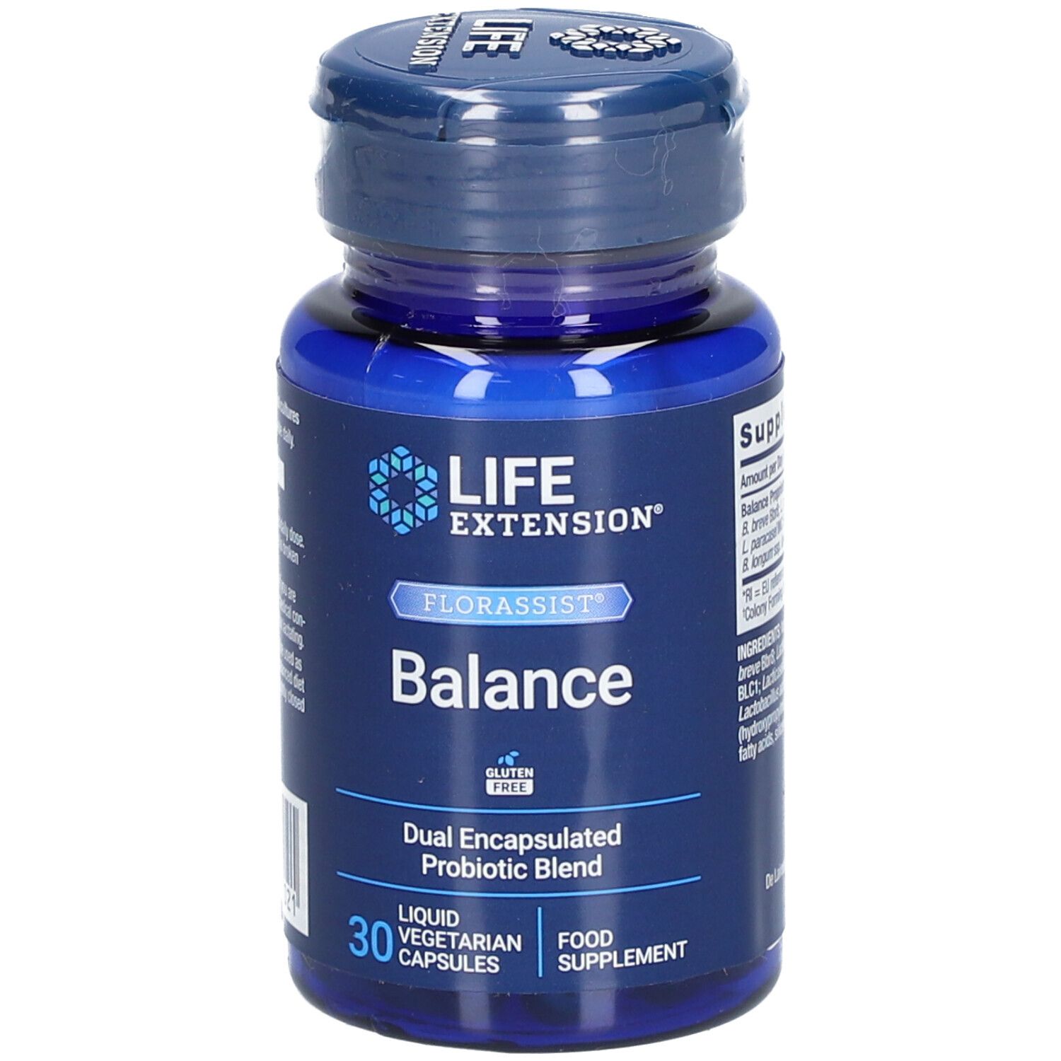 Flacon bleu avec capsules. Inscription : LIFE EXTENSION Florassist Balance. 30 capsules, sans gluten, liquide, végétarien.