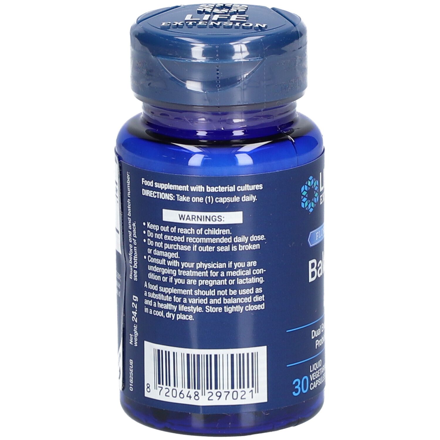 Dos du flacon bleu. Texte : Complément alimentaire avec cultures bactériennes. Avertissements. 30 capsules. Poids : 24,2 g. Code-barres.