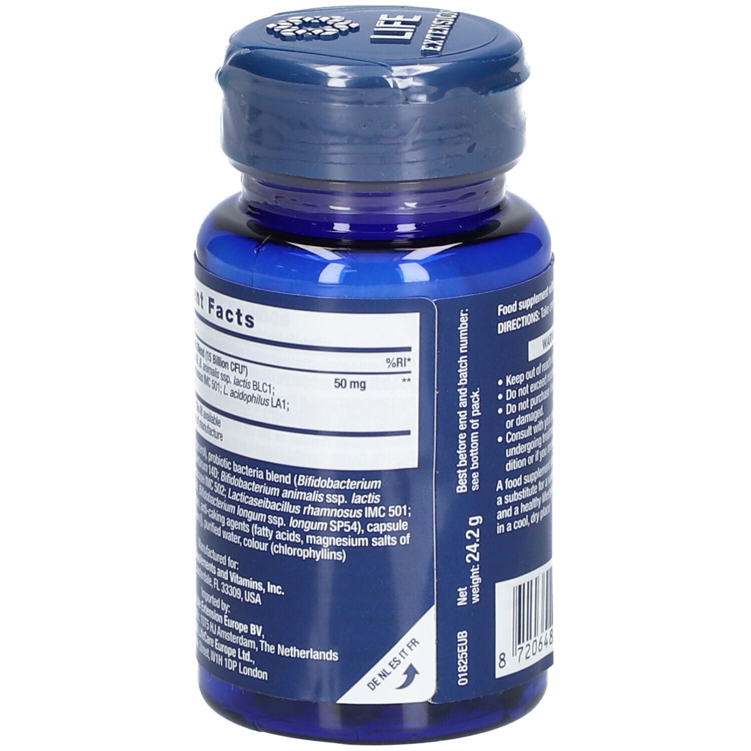 Dos du flacon bleu. Texte : Informations nutritionnelles. Ingrédients. Poids : 24,2 g. Code-barres. Fabriqué aux États-Unis.