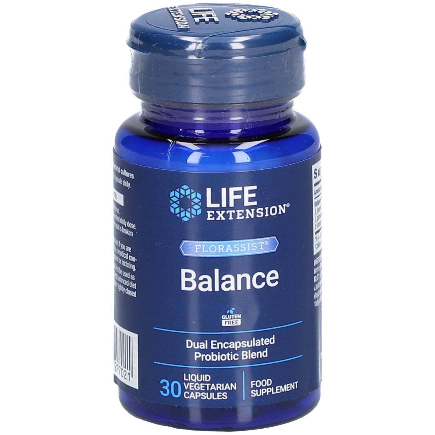 Flacon bleu avec capsules. Inscription : LIFE EXTENSION Florassist Balance. 30 capsules, sans gluten, liquide, végétarien.