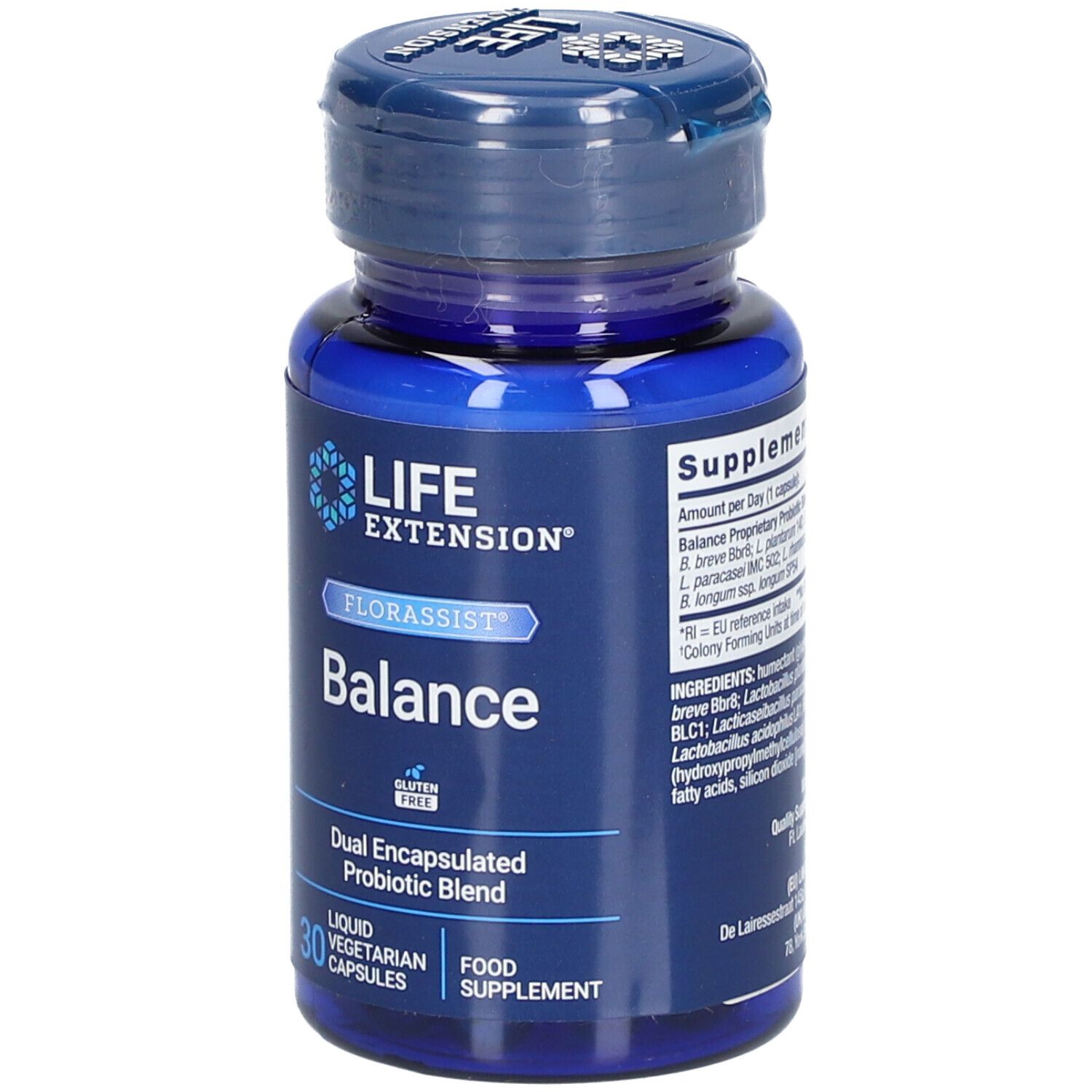 Flacon bleu avec capsules. Inscription : LIFE EXTENSION Florassist Balance. 30 capsules, sans gluten, liquide, végétarien. Informations nutritionnelles.