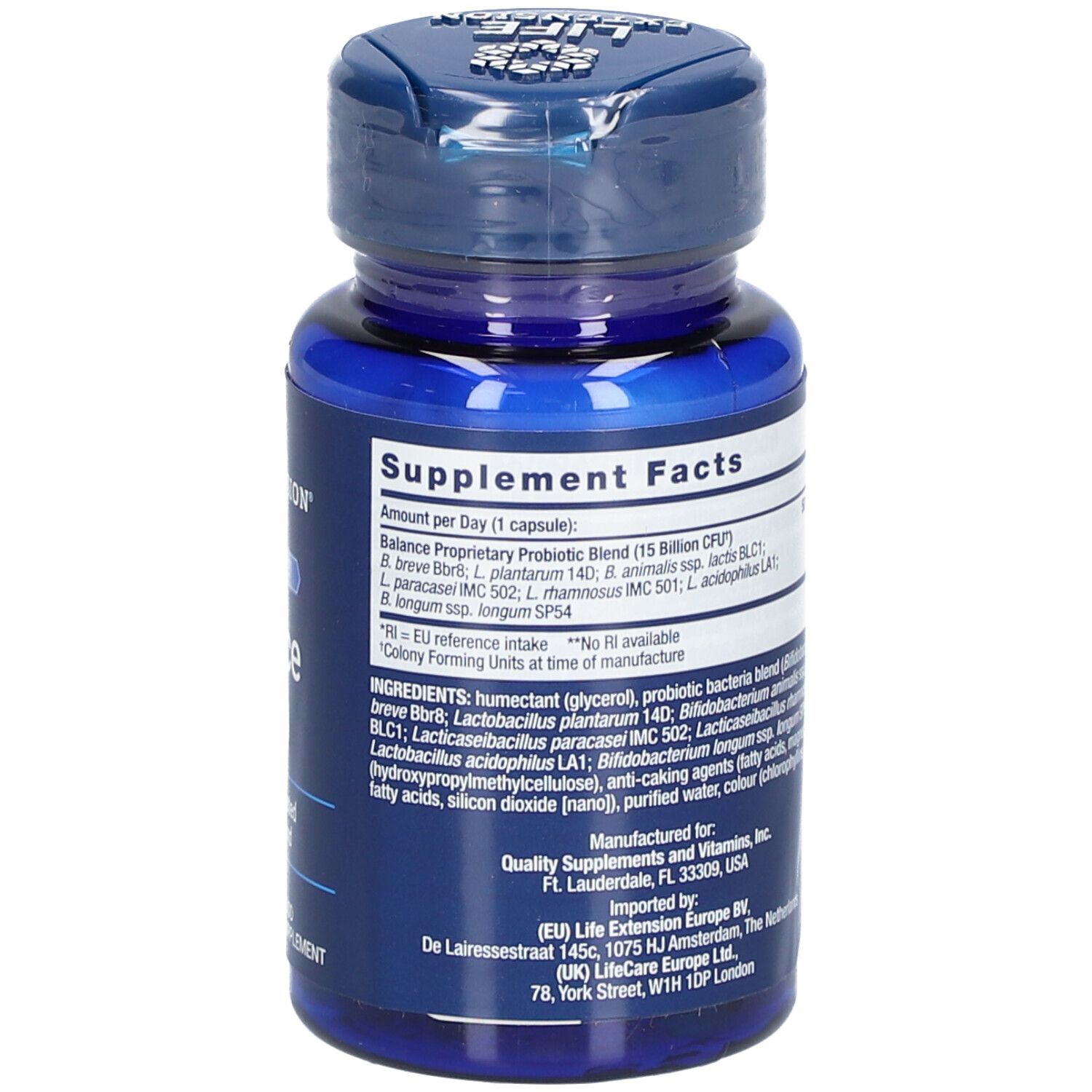 Dos du flacon bleu. Texte : Informations nutritionnelles. Ingrédients. Fabriqué pour Quality Supplements & Vitamins. Importé.