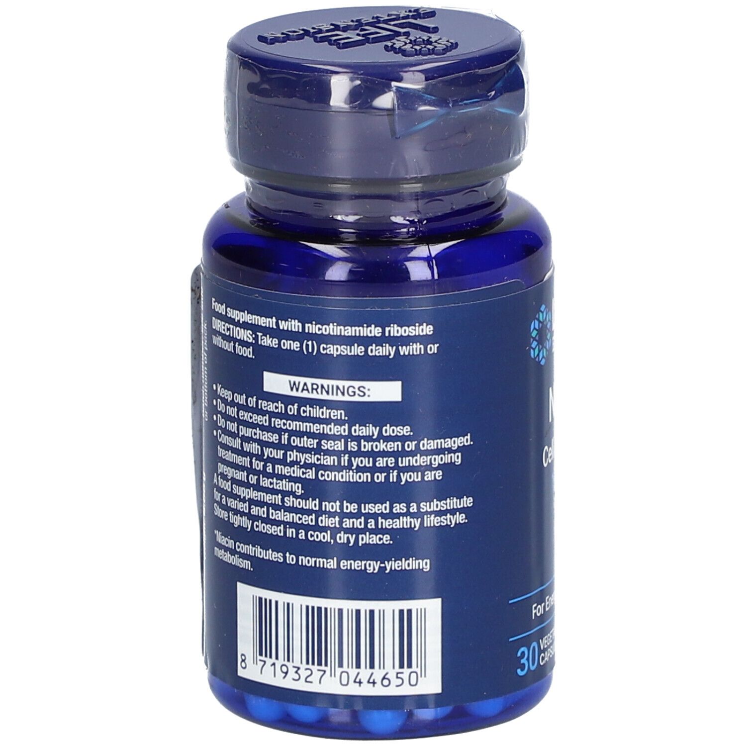 Rückseite der blauen Flasche. Text: Nahrungsergänzungsmittel mit Nicotinamid-Ribosid. Warnhinweise und Gebrauchsanweisung.