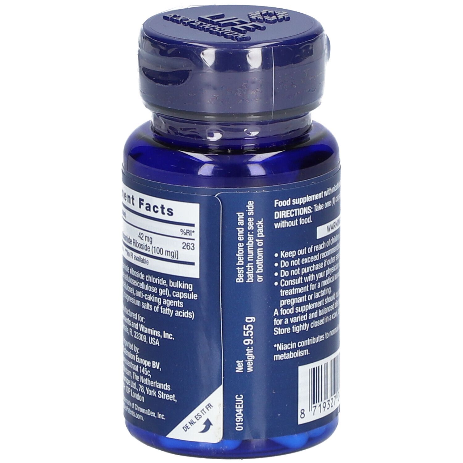 Rückseite der blauen Flasche. Nährwertangaben, Nettogewicht 9,55g. Barcode und Herstellerinformationen.